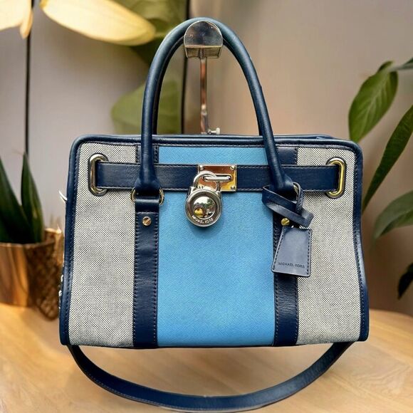 Michael Kors Handbags - Michael Kors Hamilton Mono Stripe Canvas/Leather Satchel - Navy & Light Blue